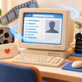 レトロなパソコンと映画のフィルム、ファンレターを組み合わせた立体イラスト