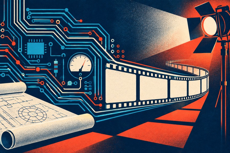 電気回路から映画のフィルムへつながる理工学と俳優のキャリアのイラスト