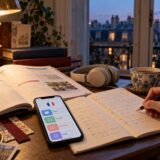 パリの街並みを望む窓辺に語学の参考書、ノート、学習用スマートフォンを置いたイメージ