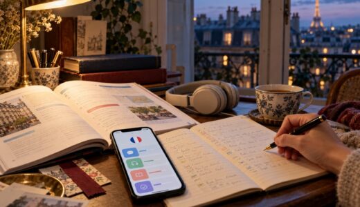 パリの街並みを望む窓辺に語学の参考書、ノート、学習用スマートフォンを置いたイメージ