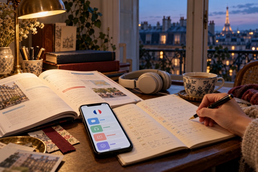 パリの街並みを望む窓辺に語学の参考書、ノート、学習用スマートフォンを置いたイメージ