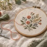 花と葉を刺したリネンの刺繍枠と刺繍糸のイメージ