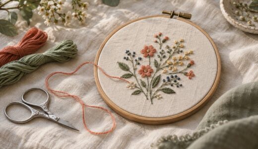 花と葉を刺したリネンの刺繍枠と刺繍糸のイメージ