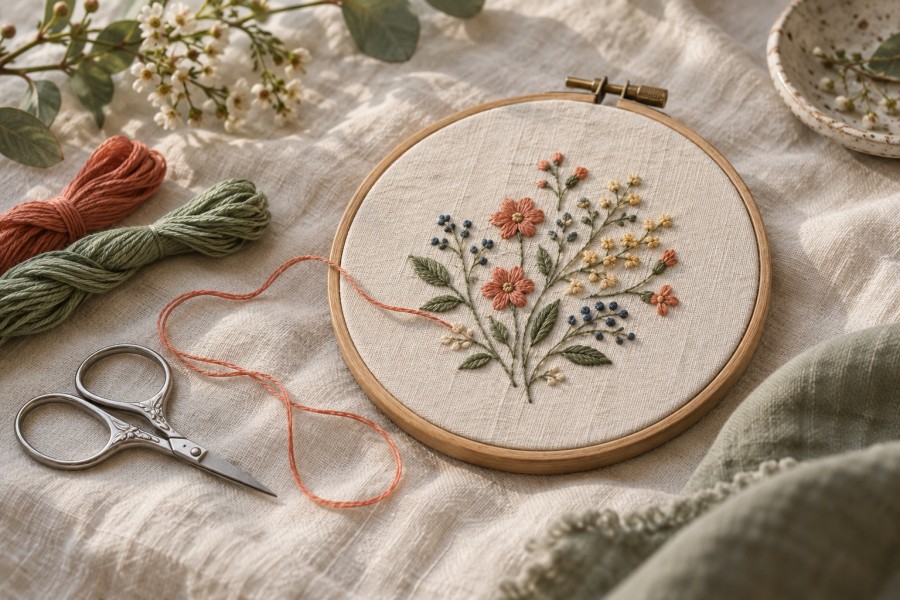 花と葉を刺したリネンの刺繍枠と刺繍糸のイメージ