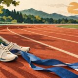陸上トラックにランニングシューズと青い駅伝のタスキを置いた切り絵風イラスト