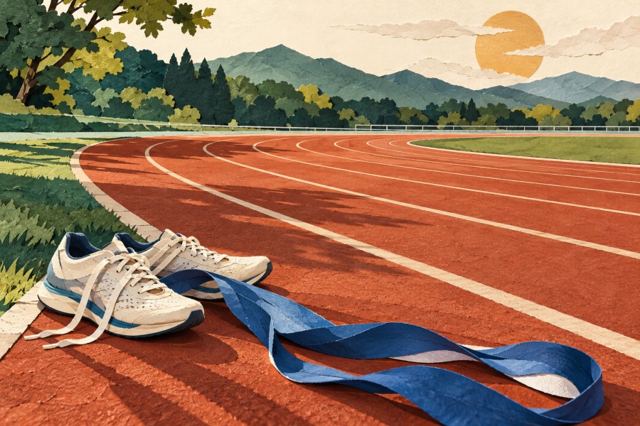 陸上トラックにランニングシューズと青い駅伝のタスキを置いた切り絵風イラスト