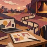 大学の学習机から映画のフィルムが舞台へ続く切り絵風イラスト