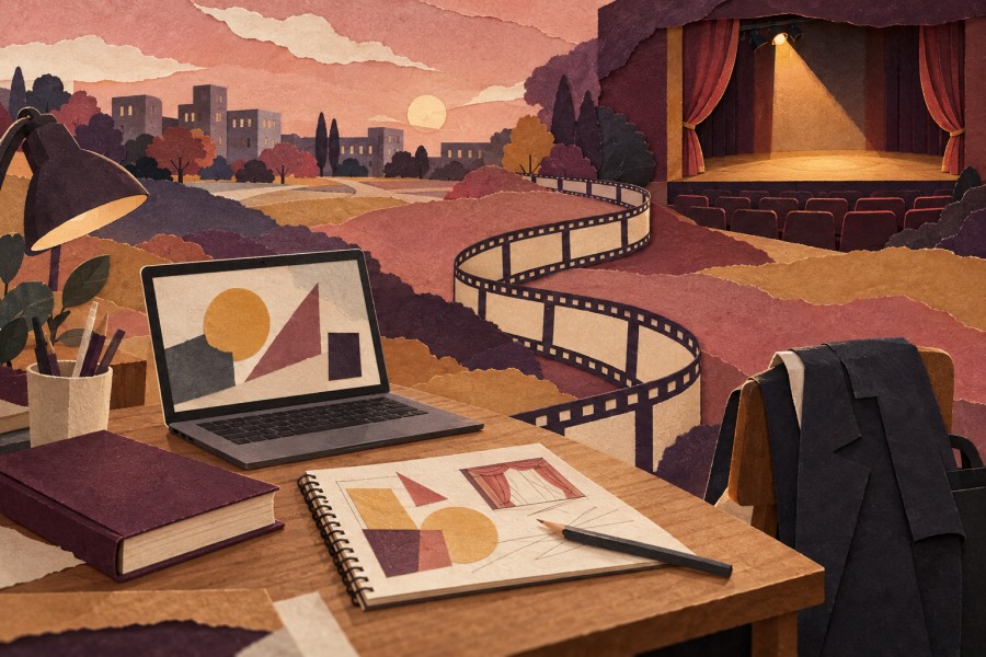 大学の学習机から映画のフィルムが舞台へ続く切り絵風イラスト