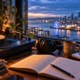シアトルの街並みと音楽を通じた英語学習のイメージ