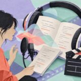 台本と音声を使って中国語のセリフを練習するイメージイラスト