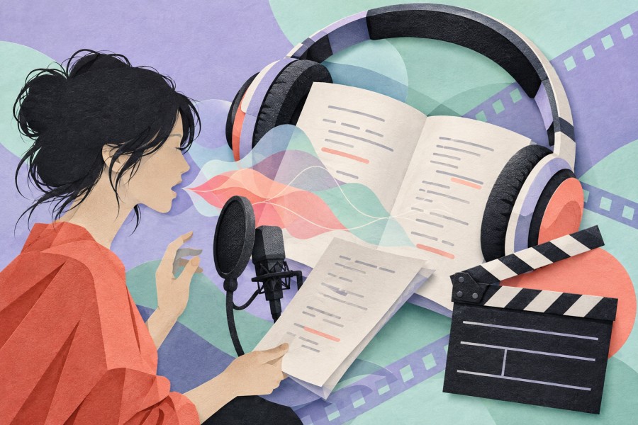 台本と音声を使って中国語のセリフを練習するイメージイラスト