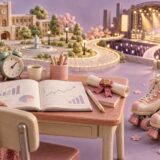 大学の机と目覚まし時計、ローラースケートをステージへ続く道とともに描いたミニチュア風の画像