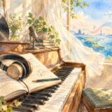 ピアノとヘッドホン、語学ノートから世界へ音楽が広がる水彩画