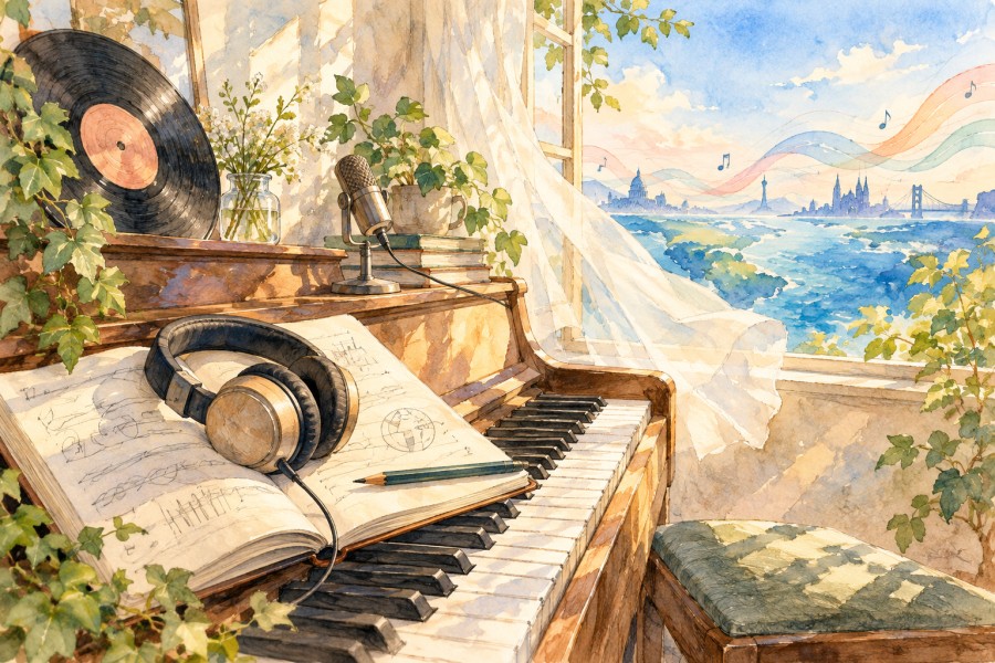 ピアノとヘッドホン、語学ノートから世界へ音楽が広がる水彩画