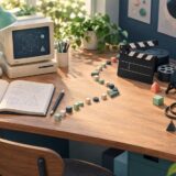 理工の学習用パソコンとノート、映画のカチンコやギターを組み合わせた立体模型風のイメージ