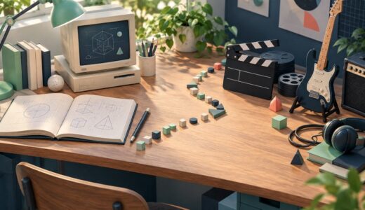 理工の学習用パソコンとノート、映画のカチンコやギターを組み合わせた立体模型風のイメージ