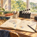 脳のスケッチがあるノートと本、映画のカチンコを描いた水彩画