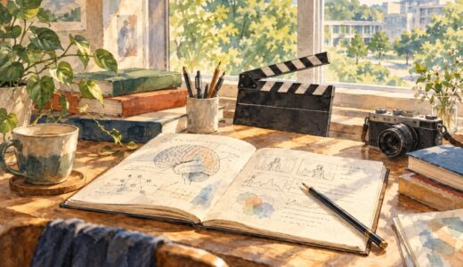 脳のスケッチがあるノートと本、映画のカチンコを描いた水彩画