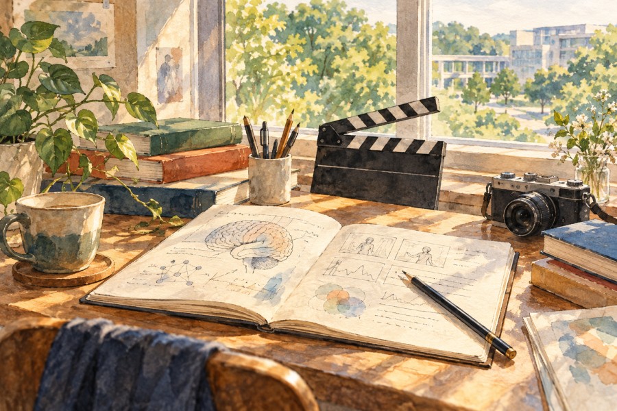 脳のスケッチがあるノートと本、映画のカチンコを描いた水彩画