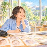 明るい大学の研究室で表情のスケッチに向かう学生のイラスト