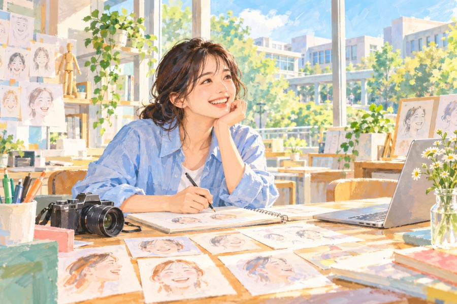 明るい大学の研究室で表情のスケッチに向かう学生のイラスト