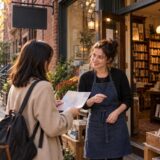 旅先の書店の前で地図を手に会話する人物たちのイメージ