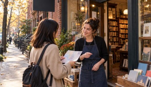 旅先の書店の前で地図を手に会話する人物たちのイメージ