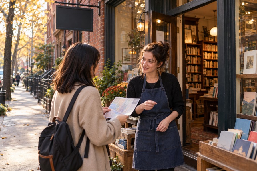 旅先の書店の前で地図を手に会話する人物たちのイメージ
