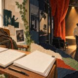 大学のノートと台本から、小劇場の舞台へつながる切り絵風イラスト