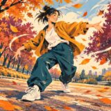 秋の公園で軽快に踊る人物を描いたイラスト
