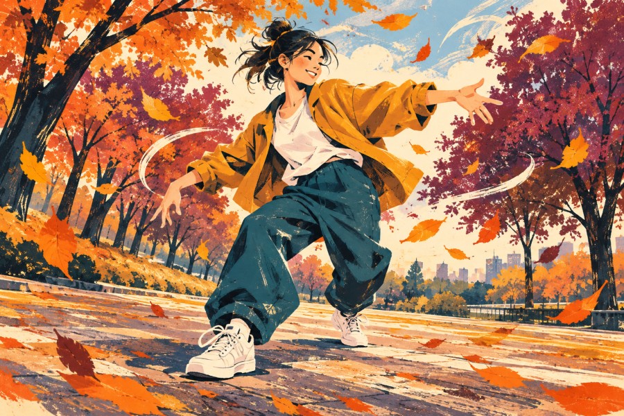 秋の公園で軽快に踊る人物を描いたイラスト