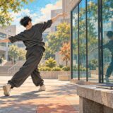 大学のキャンパスでダンスを練習する学生のイメージイラスト