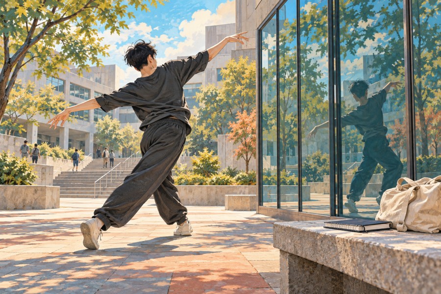 大学のキャンパスでダンスを練習する学生のイメージイラスト
