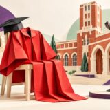 赤いローブと学士帽、大学の建物と漫才マイクの折り紙風イラスト