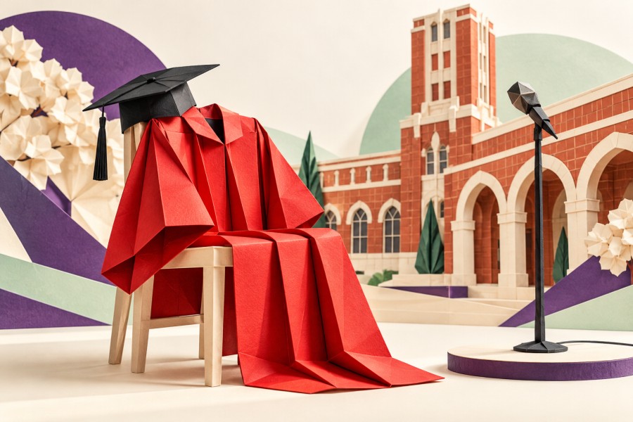 赤いローブと学士帽、大学の建物と漫才マイクの折り紙風イラスト