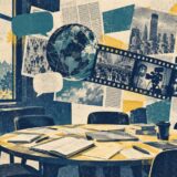 大学のゼミの机と新聞・映像・対話を組み合わせた版画風イラスト