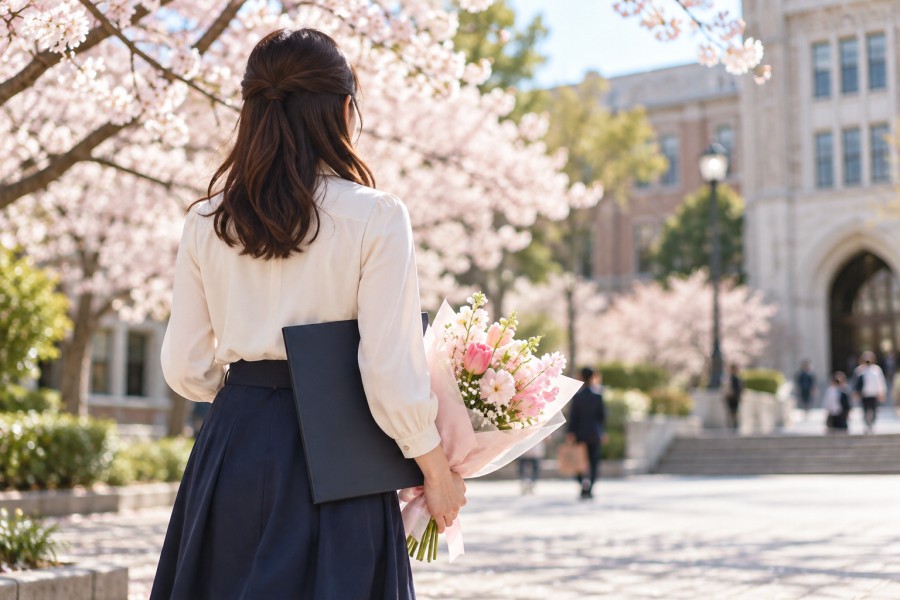 卒業証書と花束を手にした大学卒業のイメージ
