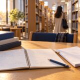 大学図書館で学業と俳優の仕事を両立する学生生活のイメージ