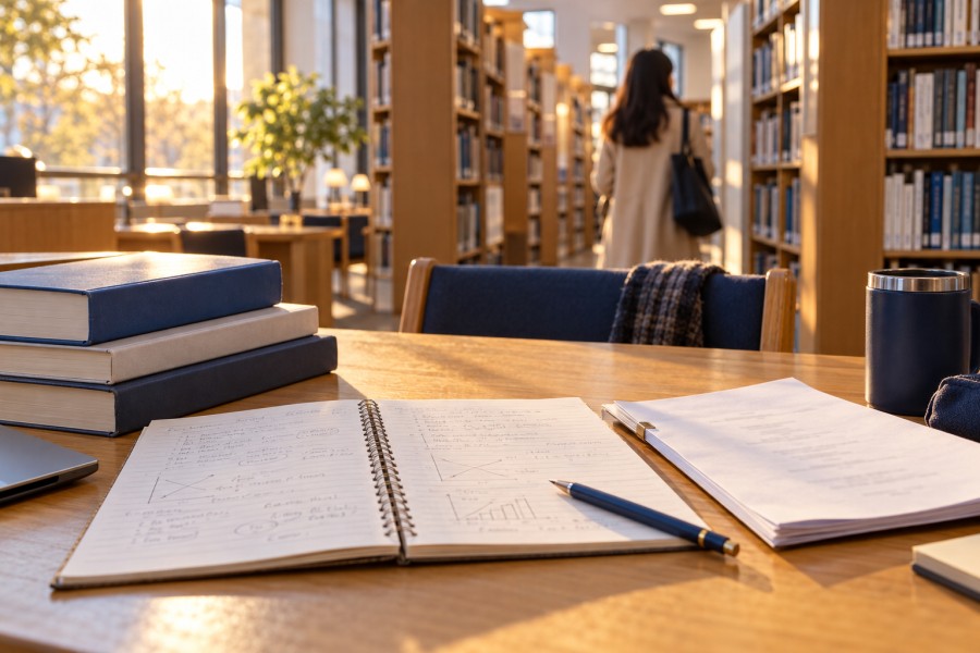 大学図書館で学業と俳優の仕事を両立する学生生活のイメージ