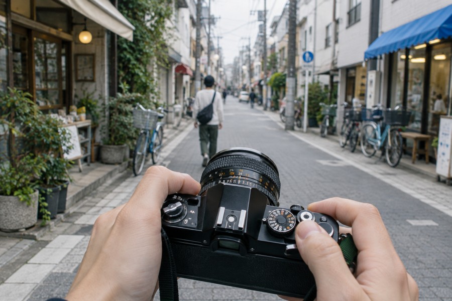 フィルムカメラを手に街を撮影する様子のイメージ画像