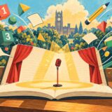 開いたノートがマイクのある舞台に変わり、数字や鉛筆が舞う学びのイラスト