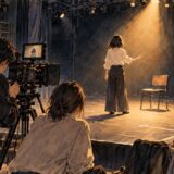 大学の映画学科で演技と撮影を学ぶ学生たちのイメージイラスト