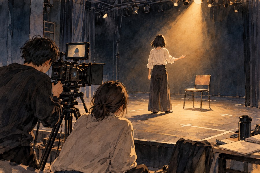 大学の映画学科で演技と撮影を学ぶ学生たちのイメージイラスト