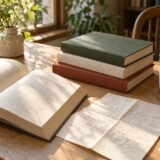窓辺の木の机に本と手紙、しおりを置いた読書のイメージ
