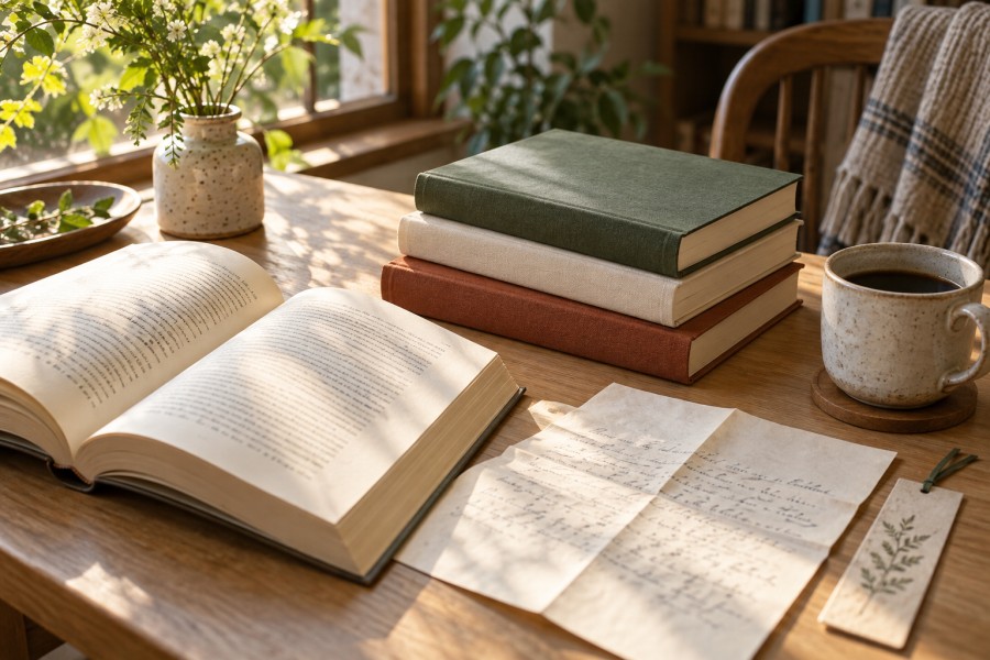 窓辺の木の机に本と手紙、しおりを置いた読書のイメージ