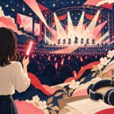 赤いペンライトでステージを応援する観客と対談用マイクを描いた切り絵風イラスト