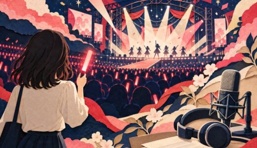 赤いペンライトでステージを応援する観客と対談用マイクを描いた切り絵風イラスト