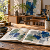 創作をイメージしたスケッチブック、マーカー、筆と絵の具