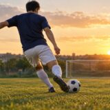 夕暮れのグラウンドでサッカーボールを蹴る人物の後ろ姿