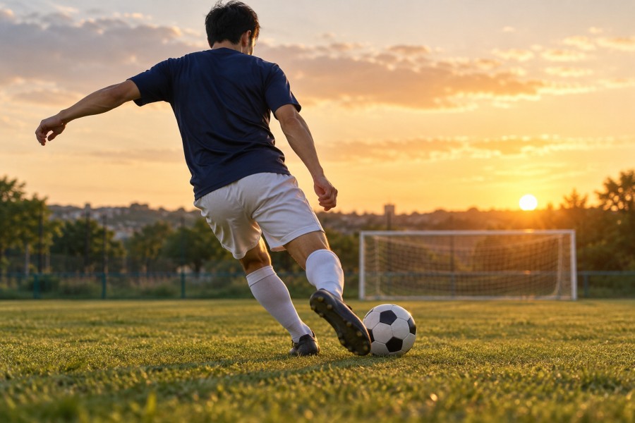 夕暮れのグラウンドでサッカーボールを蹴る人物の後ろ姿